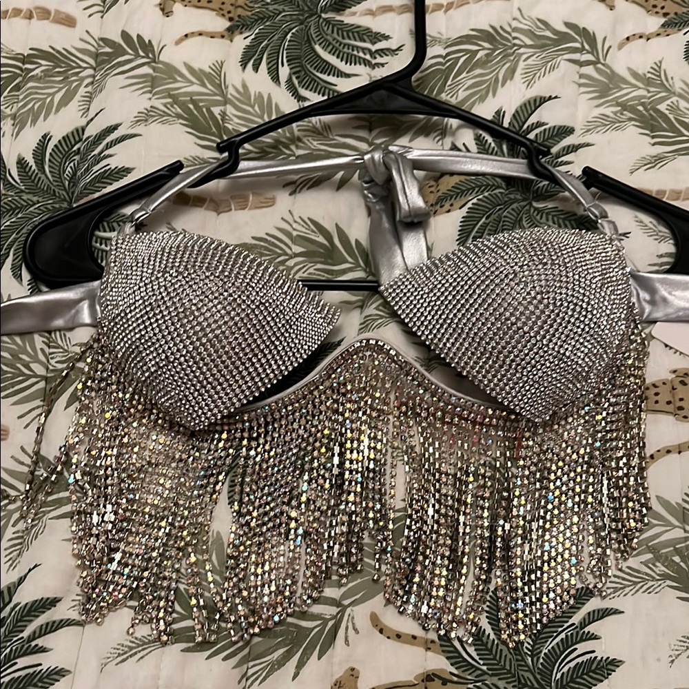 Silver Rhinestone Fringe Bra Top (Read Description)
